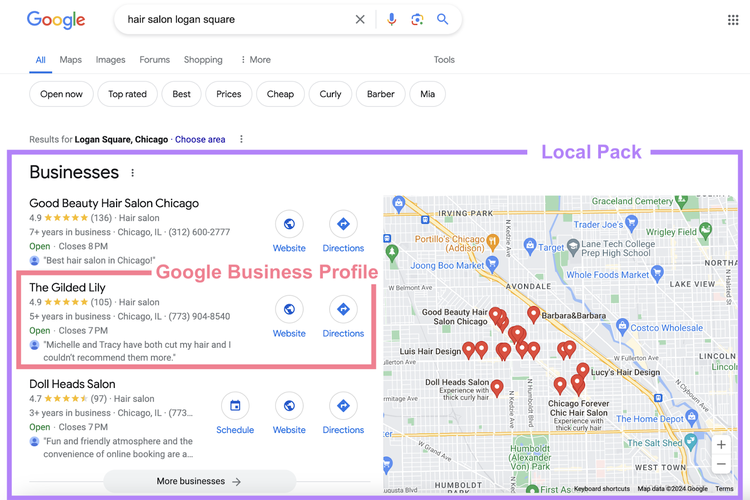 búsqueda de peluquería logan square muestra local pack la parte superior de la serp con 3 perfiles de google business