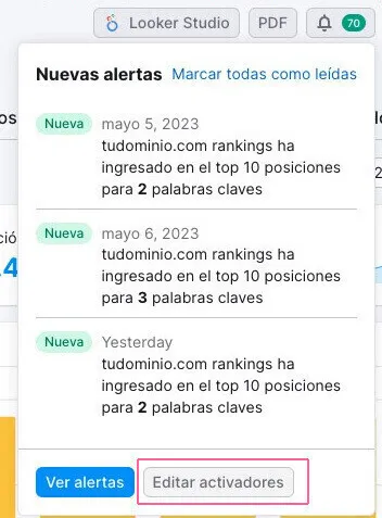 Notificación de alertas posición con keywords ingresadas en top 10 ranking