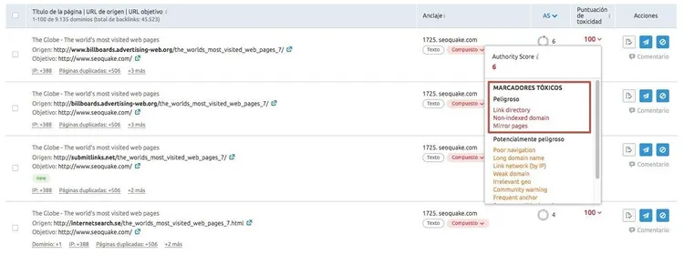 Indicadores toxicidad en lista backlinks con categorías marcadores