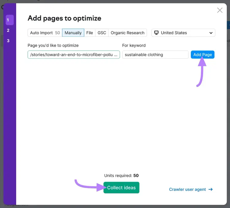 Ventana "Añadir páginas para optimizar" en la Configuración del Comprobador SEO On Page
