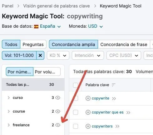 Keyword Magic Tool: concordancia amplia resultados palabras clave copywriting