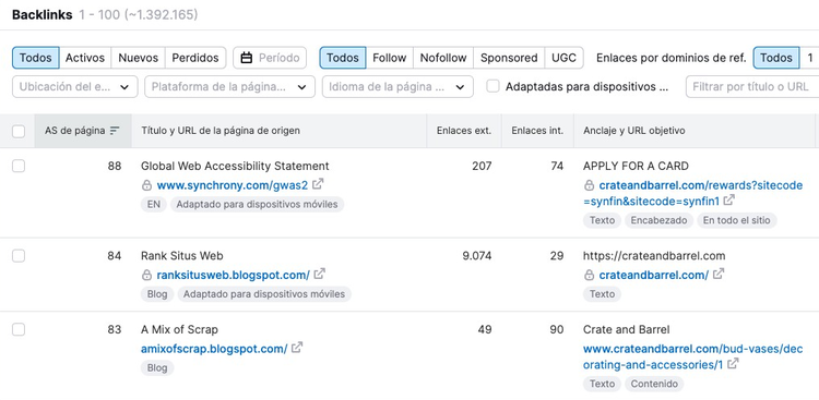 Tabla backlinks mostrando fuentes de enlaces como Global Web Accessibility Statement