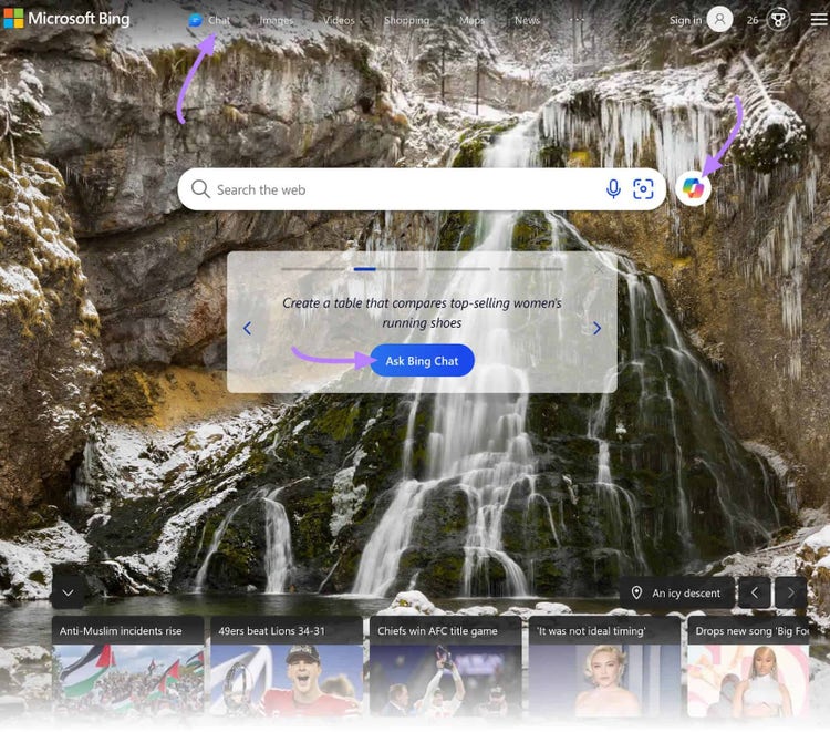 La página de inicio de Bing con el botón "Chat", el icono de Bing y los botones "Ask Bing Chat" resaltados