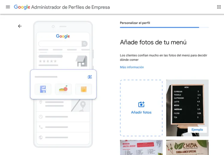 Google Business añadir fotos menú con ejemplos de imágenes de comida
