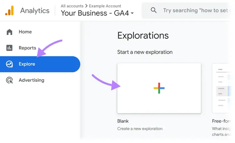 Área "Explorar" en el panel de control GA