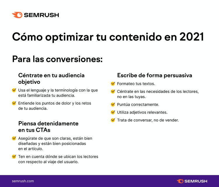 Semrush infografía optimizar contenido conversiones CTAs estructura