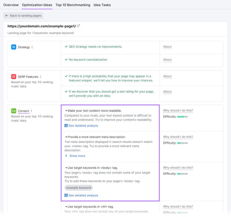 Pestaña "Ideas de optimización" de la herramienta de comprobación SEO en página, con los problemas de la sección "Contenido" resaltados.
