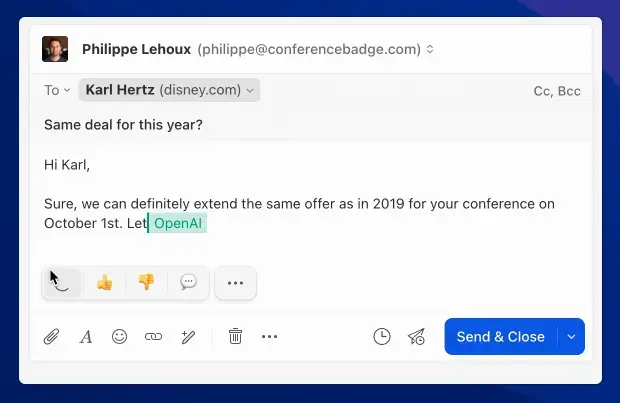 Utilizar la integración OpenAI de Missive en un correo electrónico