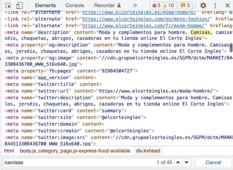 Inspector HTML: meta tags y atributos página web