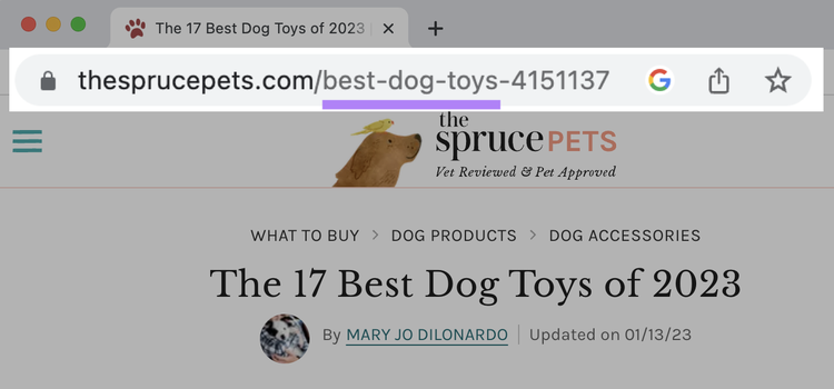 palabra clave principal "best-dog-toys" incluida en el slug de la URL