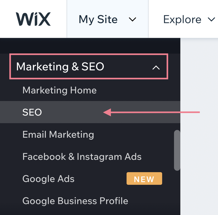 Navega a la sección SEO en el menú Wix