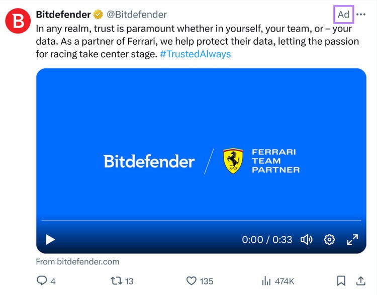 Un tweet promocionado de la empresa de ciberseguridad Bitdefender