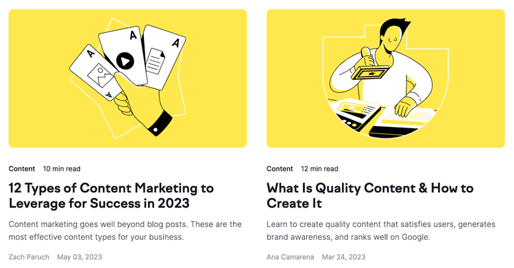 Una captura de pantalla de dos artículos en la página del Blog de Semrush