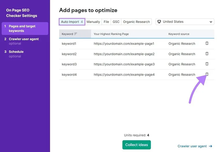 Ventana "Añadir páginas para optimizar - Importación automática" en Configuración del Comprobador SEO On Page