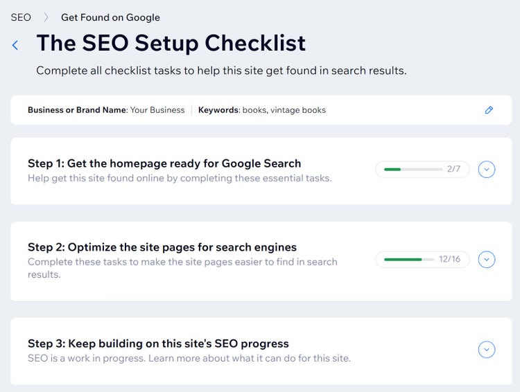 Sección "La lista de comprobación de la configuración SEO" en Wix
