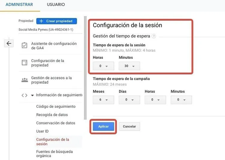 configuración de la sesión google analytics
