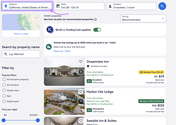Resultados para "mejores hoteles en California"