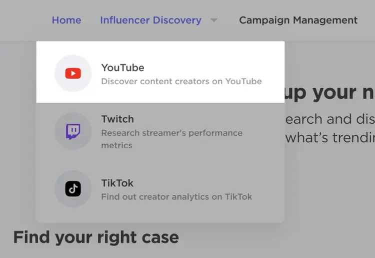 "YouTube" resaltado en el menú desplegable