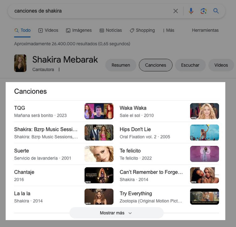 Panel conocimiento Google Shakira mostrando canciones con vistas previas video