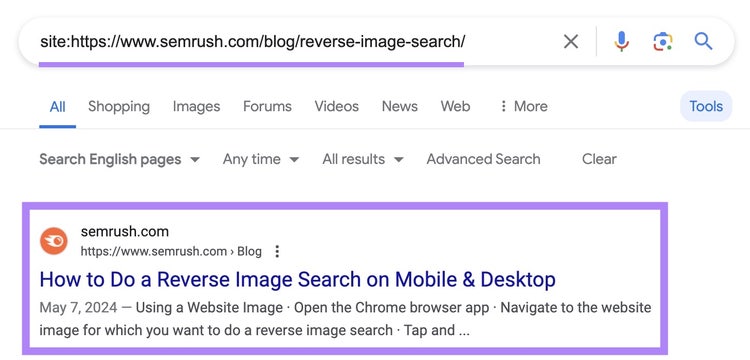 Búsqueda del sitio en Google de una página específica de "semrush.com" con el resultado indexado resaltado