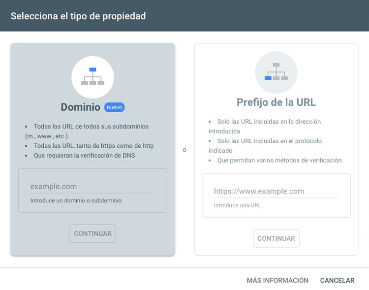 Tipo de propiedad en Google Search Console