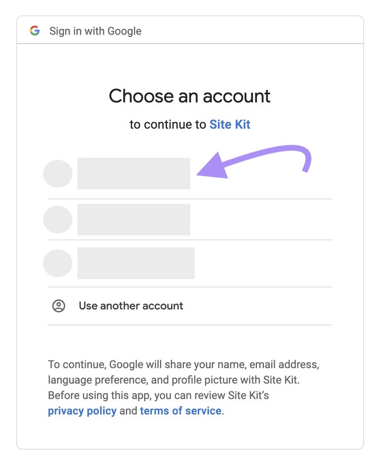 Identifícate con la cuenta de Google para continuar a la ventana Kit del sitio