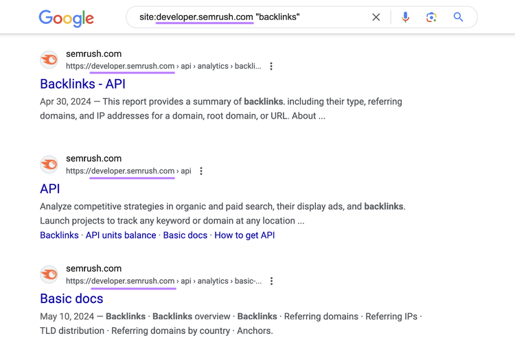 los resultados de búsqueda muestran la página en la API de la herramienta Backlinks, las API y los documentos básicos sobre los backlinks en las herramientas Semrush