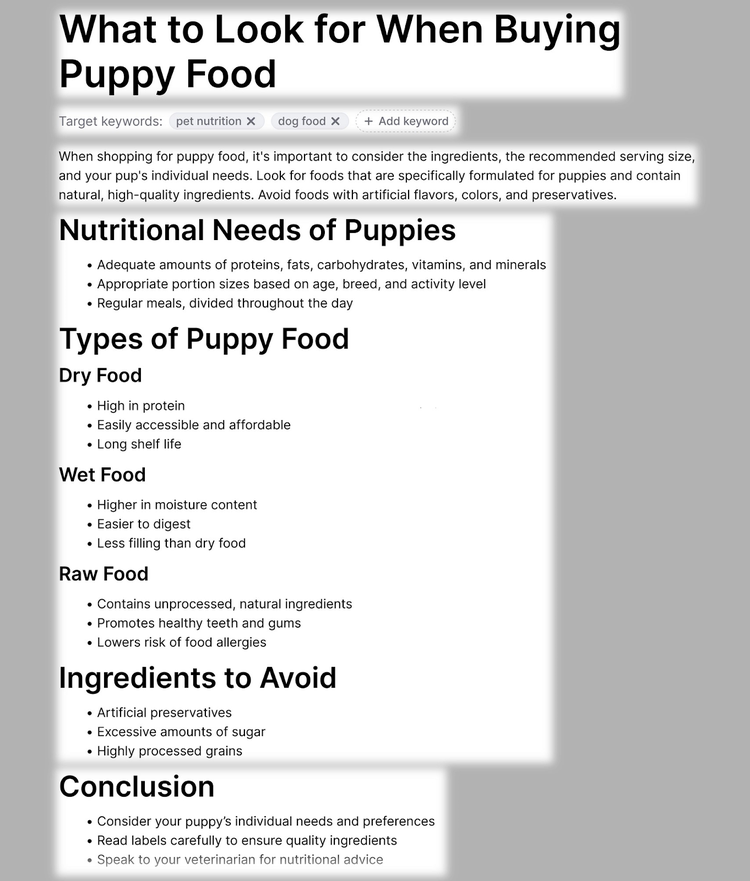 ejemplo de esquema de artículo detallado para "En qué fijarse al comprar comida para cachorros"