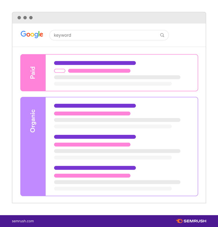 Diagrama SERP mostrando resultados pagos y orgánicos en búsqueda