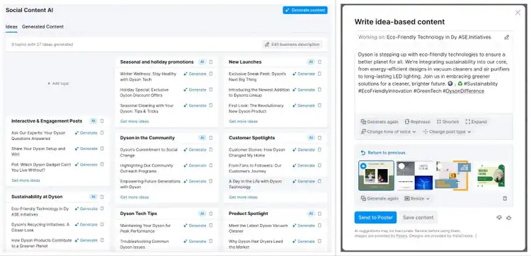 Social Content AI interface showing content ideas writing tab