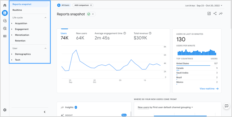 Instantánea de los informes de Google Analytics