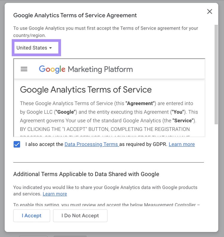 Pantalla del acuerdo de las condiciones de servicio de Google Analytics
