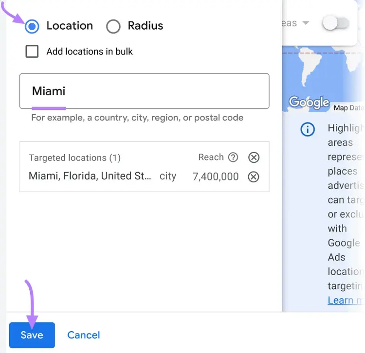 "Miami" introducido en la pestaña Ubicación