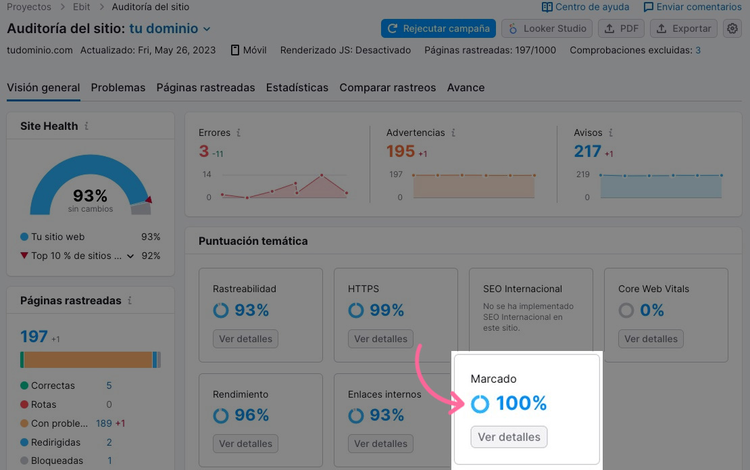 Marcado de datos en Auditoría del sitio de Semrush