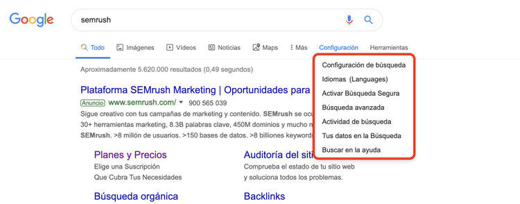 Búsqueda avanzada en Google - Configuración del buscador
