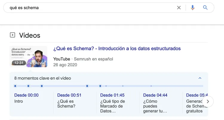 Google Video resultado Qué es Schema tutorial con timestamps