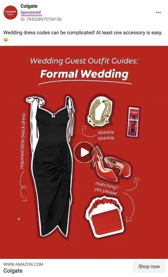 Anuncio publicitario de Colgate con "Guías de atuendos para invitados de boda: Boda formal"