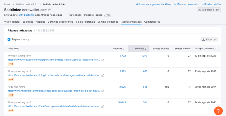 Herramienta Backlinks de Semrush con 2,702 dominios enlazantes