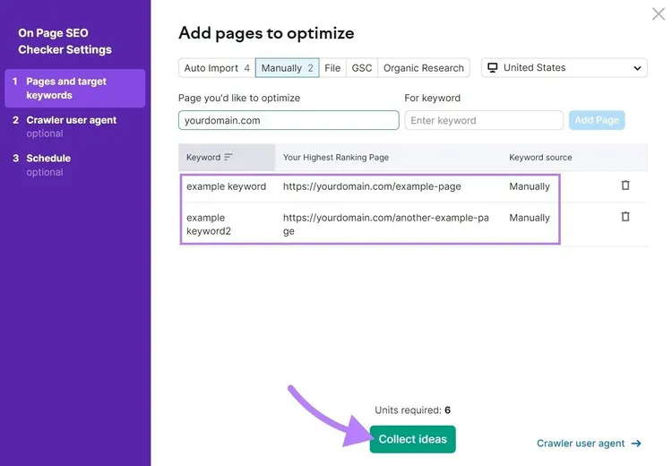 Ventana "Añadir páginas para optimizar" en la Configuración del Comprobador SEO On Page