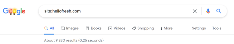 Búsqueda en Google Search con comando site:hellofresh.com mostrando resultados indexados
