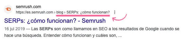 Semrush SERP SERPs ¿cómo funcionan? con flecha señalando breadcrumb navegación