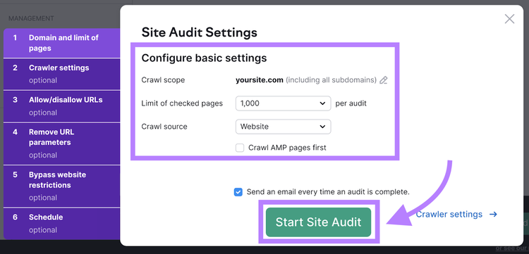 Cuadro Configuración de la auditoría del sitio