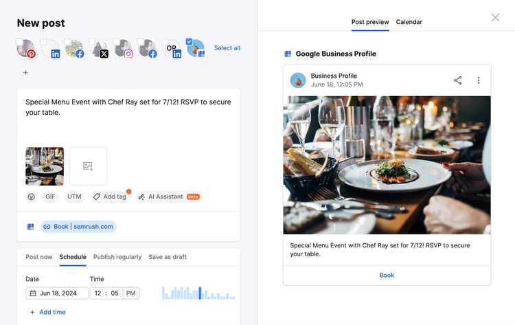 crear una entrada de perfil de empresa de google en Semrush Social