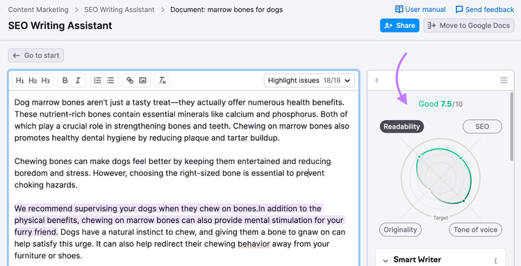 Editor SEO Writing Assistant con puntuaciones de contenido mostradas en el lado derecho
