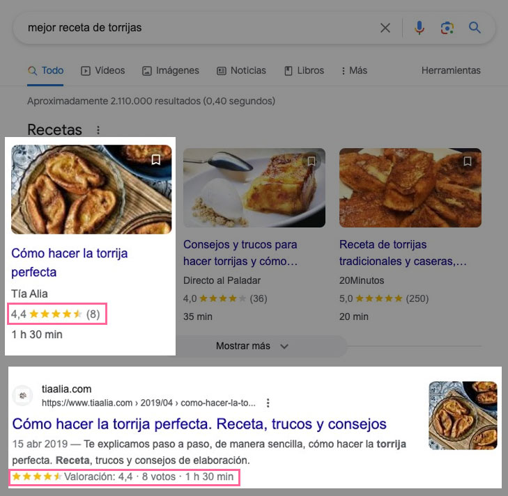 Búsqueda Google recetas torrijas con rich snippets valoraciones y tiempos cocinado