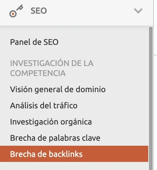 Menú SEO: Brecha de backlinks opción de investigación de enlace competencia