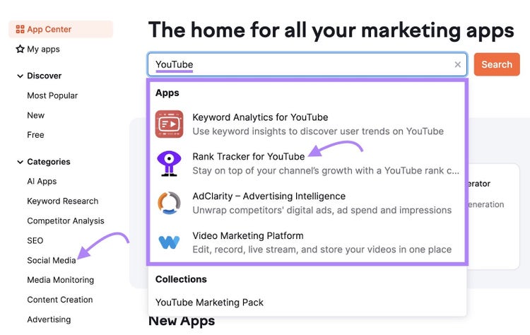 Navegar a la herramienta Rank Tracker para YouTube en el App Center