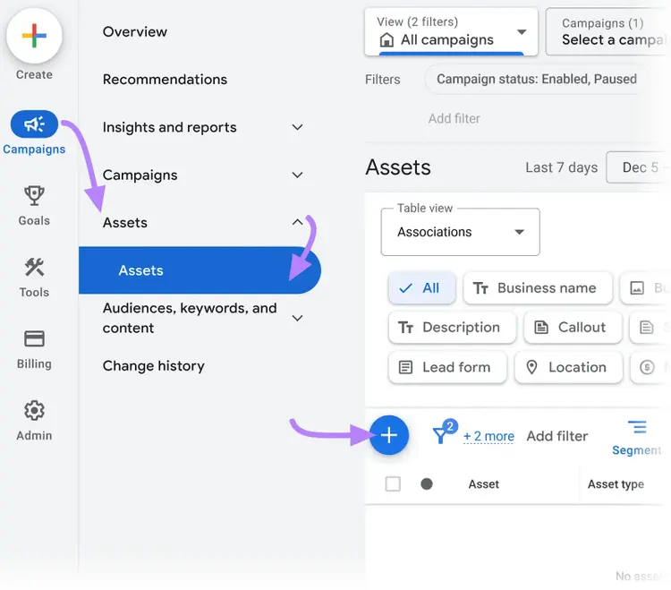 Activos en la barra lateral de Google Ads