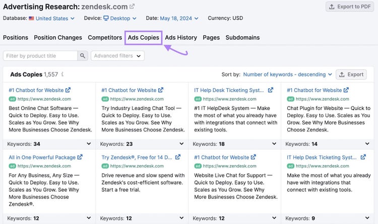 Herramienta de investigación publicitaria de Semrush Pestaña de copias de anuncios con ocho ejemplos de anuncios en directo para Zendesk