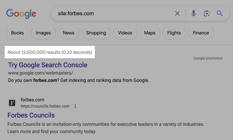 número de páginas indexadas en las SERP de Google